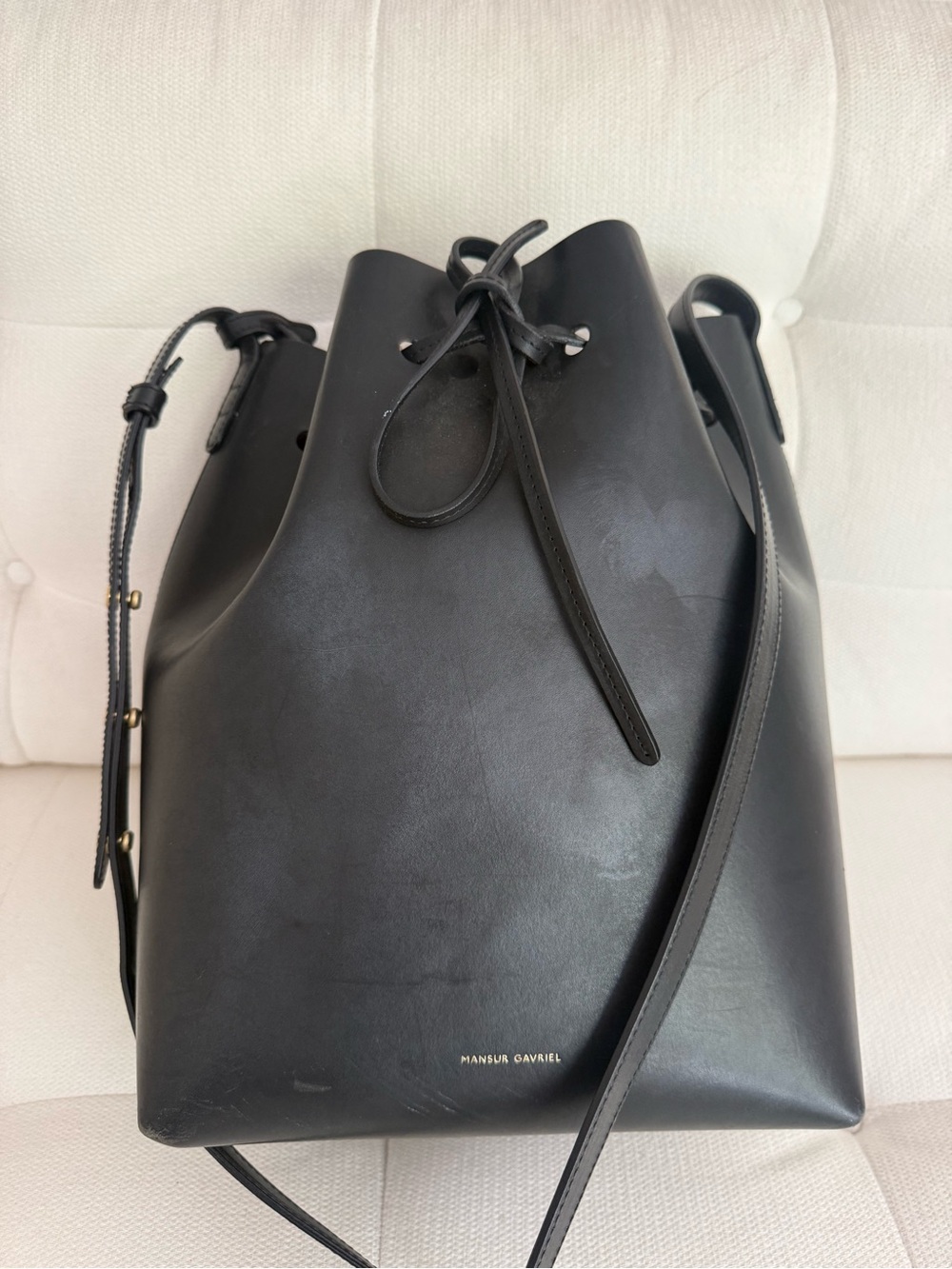 Mansur Gavriel Black Leather Drawstring Bucket Bag